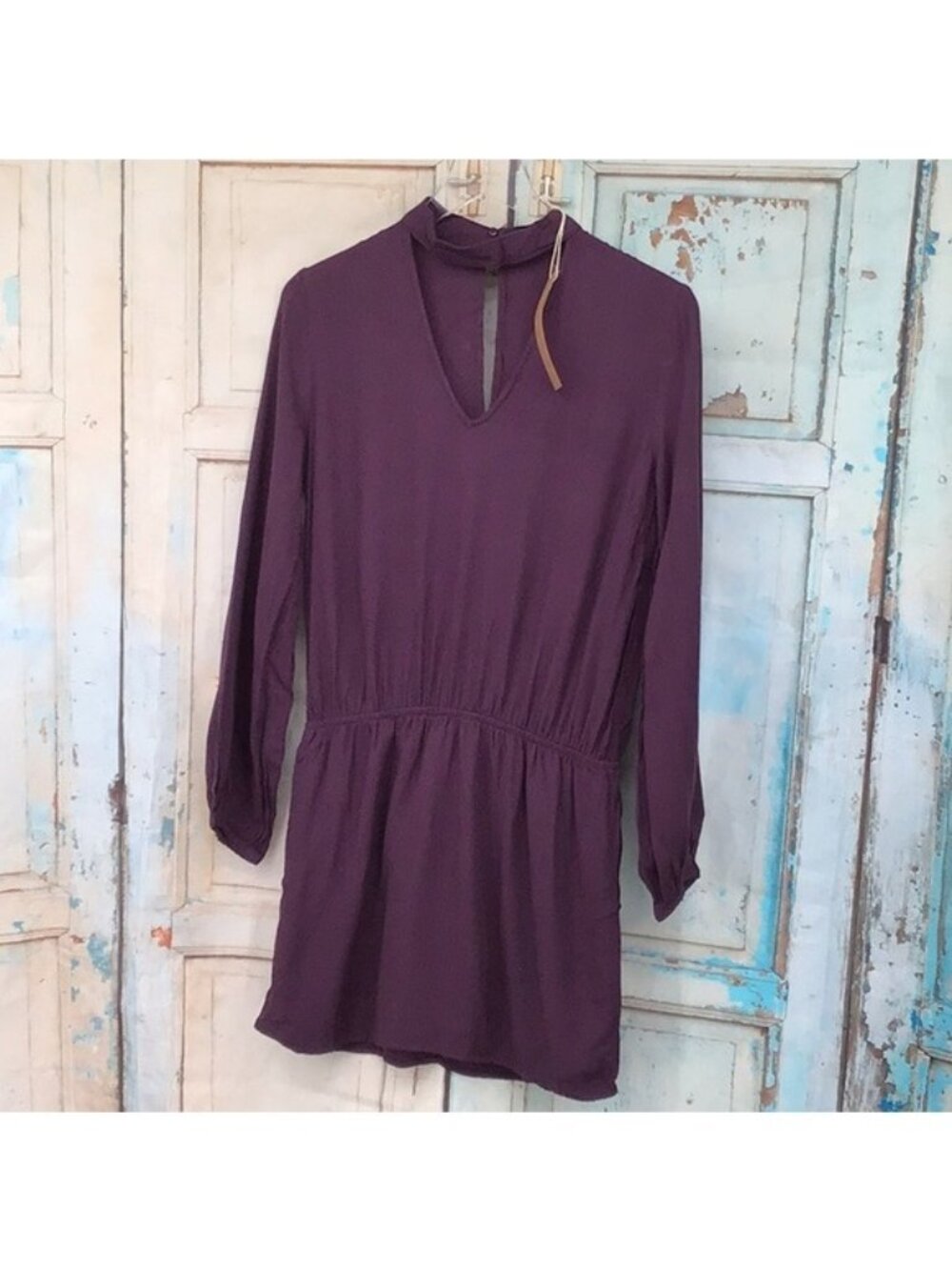 Purple Mustard Seed Long Sleeve Keyhole Mini Dress S 100% Rayon Boho Chic Style
